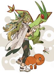 Rule 34 | 1girl, black pants, cape, closed mouth, commentary request, creatures (company), crop top, double bun, flygon, from side, full body, game freak, gen 3 pokemon, gloves, green hair, grey cape, ground miku (project voltage), hair between eyes, hair bun, hatsune miku, highres, holding, holding map, long hair, map, multicolored hair, nanase (nanataroo 7), nintendo, open mouth, orange eyes, orange hair, pants, pokemon, pokemon (creature), project voltage, shoes, single glove, smile, standing, trapinch, twintails, very long hair, vocaloid