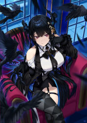 Rule 34 | 1girl, absurdres, asymmetrical horns, bird, black dress, black gloves, black hair, black necktie, black pantyhose, black sleeves, black wings, blue hair, breasts, clothing cutout, collared shirt, crow, demon horns, dress, feathered wings, fur-trimmed sleeves, fur trim, gloves, high-waist dress, highres, hololive, hololive english, horns, large breasts, long hair, looking at viewer, low wings, mk (lazymk), mole, mole under eye, necktie, nerissa ravencroft, nerissa ravencroft (1st costume), o-ring, o-ring thigh strap, pantyhose, red eyes, shadow (nerissa ravencroft), shirt, shoulder cutout, single leg pantyhose, thigh strap, virtual youtuber, white shirt, wings