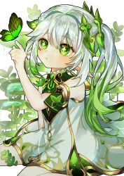 Rule 34 | 1girl, bug, butterfly, child, commentary request, cross-shaped pupils, detached sleeves, dress, genshin impact, gradient hair, green eyes, green hair, green sleeves, hair ornament, highres, insect, leaf hair ornament, long hair, multicolored hair, nahida (genshin impact), parted lips, pointy ears, run 11, side ponytail, sitting, solo, symbol-shaped pupils, wariza, white dress, white hair