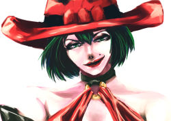 Rule 34 | 1girl, arc system works, bare shoulders, choker, detached sleeves, green eyes, green hair, guilty gear, hat, hira ryou, i-no, lipstick, makeup, matching hair/eyes, mole, red hat, short hair, smirk, solo, upper body, witch hat