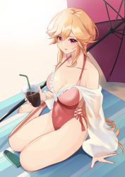 Rule 34 | 1girl, azur lane, bad id, bad pixiv id, beach umbrella, breasts, cleavage, frilled one-piece swimsuit, frilled swimsuit, frills, full body, highleg, highleg swimsuit, highres, large breasts, long hair, looking at viewer, lotion, manjirou (manji illust), multiple straps, official alternate costume, one-piece swimsuit, orange hair, pink one-piece swimsuit, purple umbrella, red eyes, richelieu (azur lane), richelieu (fleuron of the waves) (azur lane), see-through, see-through sleeves, side-tie swimsuit, solo, sunscreen, swimsuit, umbrella, very long hair
