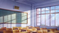 Rule 34 | absurdres, blue sky, building, chair, chalkboard, classroom, cloud, commentary request, day, highres, indoors, kuroneko (hmilk), no humans, original, outdoors, roomscape, scenery, school chair, shadow, sky, skyscraper, window