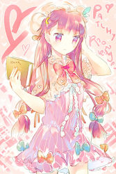 Rule 34 | 1girl, :&lt;, alternate costume, arm up, book, bow, capelet, character name, crescent, dress, female focus, hair bow, hair ornament, hat, heart, holding, long hair, namie-kun, pajamas, patchouli knowledge, purple dress, purple eyes, purple hair, short dress, solo, striped clothes, striped dress, touhou, vertical stripes