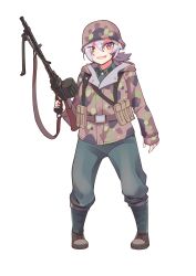 Rule 34 | 1girl, absurdres, ammunition belt, ammunition pouch, black footwear, blue pants, boots, camouflage, camouflage coat, camouflage headwear, closed mouth, coat, company of heroes, evil grin, evil smile, full body, german army, grin, gun, hair between eyes, hat, highres, holding, holding gun, holding weapon, long sleeves, looking at viewer, machine gun, medium hair, mg 34, military, military coat, military hat, military uniform, obersoldaten (company of heroes), open mouth, original, pants, ponytail, pouch, red eyes, sharp teeth, smile, solo, star (symbol), teeth, transparent background, uniform, v-shaped eyebrows, weapon, world war ii, zhainan s-jun