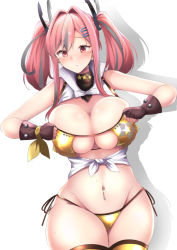 Rule 34 | 1girl, azur lane, bare shoulders, bikini, black scarf, blush, breasts, bremerton (azur lane), brown gloves, cleavage, closed mouth, collared shirt, commentary request, cowboy shot, dain (bishop m), drop shadow, eyepatch bikini, fingerless gloves, gloves, grey hair, groin, hair between eyes, hair intakes, hair ornament, hairclip, highres, large breasts, long hair, looking at viewer, mole, mole on breast, mole under eye, multicolored hair, navel, navel piercing, partial commentary, piercing, pink eyes, pink hair, ribbon, scarf, shadow, shirt, side-tie bikini bottom, sidelocks, simple background, skindentation, sleeveless, sleeveless shirt, solo, standing, star (symbol), star print, stomach, streaked hair, sweat, swimsuit, thighhighs, tied shirt, twintails, two-tone hair, white background, white shirt, wrist ribbon, yellow bikini, yellow ribbon, yellow thighhighs