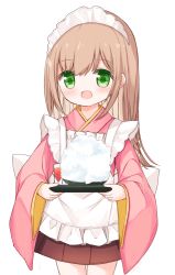Rule 34 | 1girl, :d, apron, blush, bowl, braid, brown hair, brown skirt, food, frilled apron, frills, green eyes, hair between eyes, holding, holding tray, japanese clothes, kimono, long hair, long sleeves, maid, maid apron, maid headdress, open mouth, original, pink kimono, pleated skirt, shaved ice, simple background, skirt, smile, solo, tray, very long hair, wa maid, waka (yuuhagi (amaretto-no-natsu)), white apron, white background, wide sleeves, yuuhagi (amaretto-no-natsu)