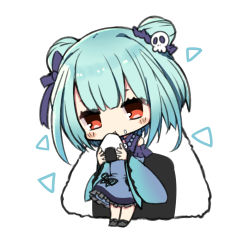 Rule 34 | 1girl, animal, bare shoulders, blue dress, blue hair, blue sleeves, blush stickers, bow, bug, butterfly, chibi, detached sleeves, double bun, dress, eyebrows hidden by hair, food, food on face, frilled dress, frills, full body, hair bow, hair bun, hair ornament, highres, holding, holding food, hololive, insect, koga rejini, long sleeves, onigiri, oversized food, oversized object, purple bow, red eyes, rice, rice on face, simple background, skull hair ornament, sleeveless, sleeveless dress, solo, standing, uruha rushia, uruha rushia (1st costume), virtual youtuber, white background, wide sleeves