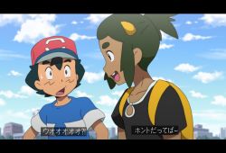 Rule 34 | 2boys, :d, ash ketchum, backpack, bag, baseball cap, black shirt, cloud, commentary request, creatures (company), dark-skinned male, dark skin, day, fake screenshot, game freak, green hair, hat, hau (pokemon), letterboxed, male focus, multiple boys, nintendo, noyeshr, official style, open mouth, outdoors, pokemon, pokemon (anime), pokemon sm (anime), red headwear, shirt, short hair, short ponytail, short sleeves, sky, smile, striped clothes, striped shirt, subtitled, t-shirt, teeth, tongue, translation request, upper teeth only
