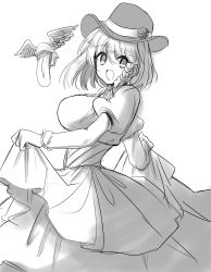 Rule 34 | 1girl, absurdres, braid, breasts, charlotte corday (fate), charlotte corday (third ascension) (fate), dress, efukei, fate/grand order, fate (series), greyscale, hat, highres, juliet sleeves, large breasts, long dress, long sleeves, monochrome, puffy sleeves, sketch, smile, solo, tongue, tongue out, white background, wings
