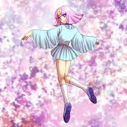 Rule 34 | 1girl, blunt bangs, dress, floating, from behind, full body, kneehighs, letter, looking back, natsuki megumi, outstretched arms, patalliro!, pink hair, pleated dress, pulara, purple footwear, shoes, short dress, silver dress, socks, solo, spread arms, white socks, wide sleeves