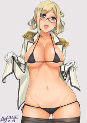Rule 34 | 10s, 1girl, artist name, bikini, black bikini, black pantyhose, blonde hair, blush, breasts, cleavage, clothes lift, collarbone, dated, def (chronowarld), female focus, glasses, gloves, green eyes, kantai collection, katori (kancolle), large breasts, long sleeves, looking at viewer, micro bikini, military, military uniform, navel, open clothes, open mouth, open shirt, pantyhose, shirt, shirt lift, signature, solo, swimsuit, thighs, undressing, uniform