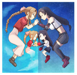 Rule 34 | 2girls, aerith gainsborough, arm guards, black hair, black skirt, black thighhighs, bow, braid, braided ponytail, brown footwear, brown hair, closed eyes, commentary, crop top, drill hair, dual persona, elbow gloves, final fantasy, final fantasy vii, final fantasy vii remake, gloves, hair bow, highres, jacket, long hair, looking at another, low-tied long hair, multiple girls, low poly, red footwear, red jacket, skirt, suspenders, tank top, thighhighs, tifa lockhart, tsubobot, twin drills