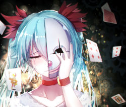 Rule 34 | 1girl, aqua hair, blurry, broken mask, card, choker, closed eyes, clown mask, collarbone, depth of field, diamonds, floating card, flipped hair, flower, frown, gears, gradient hair, hair between eyes, hair flower, hair ornament, hatsune miku, heart, joker (playing card), karakuri pierrot (vocaloid), king (playing card), king of hearts, lace, lens flare, lips, long hair, mask, md5 mismatch, multicolored hair, nail polish, playing card, portrait, qys3, raised eyebrow, red nose, smile, solo, tears, twintails, vocaloid, wristband