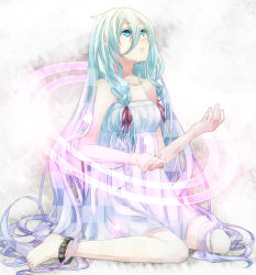 Rule 34 | 1girl, bare shoulders, barefoot, belt, blue hair, braid, ia (vocaloid), long hair, looking away, looking up, sitting, solo, twin braids, usoyana, very long hair, vocaloid