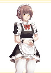 Rule 34 | 1girl, absurdres, alternate costume, apron, black dress, bow, bowtie, brown eyes, closed mouth, collared dress, commentary request, cowboy shot, dress, earrings, expressionless, highres, jewelry, looking at viewer, maid, maid apron, nagato yuki, puffy short sleeves, puffy sleeves, purple hair, red bow, red bowtie, shinjin kootoko, short hair, short sleeves, simple background, solo, standing, suzumiya haruhi no yuuutsu, thighhighs, white background, white thighhighs, wrist cuffs