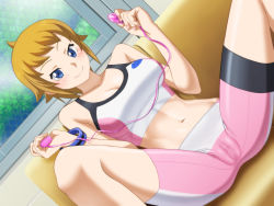 Rule 34 | 10s, 1girl, bare shoulders, bike shorts, blue eyes, blush, bracelet, breasts, brown hair, cameltoe, censored, egg vibrator, gundam, gundam build fighters, gundam build fighters try, holding, hoshino fumina, jewelry, large breasts, looking at viewer, midriff, mosaic censoring, navel, non-web source, ponytail, ryuntack, sex toy, short hair, short ponytail, sitting, smile, solo, sports bra, spread legs, two-tone sports bra, vibrator
