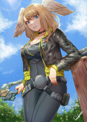 Rule 34 | 1girl, absurdres, belt, blue eyes, body markings, bodysuit, breasts, brown hair, choker, cleavage, cloud, cloudy sky, commentary, deliciousbrain, english commentary, eunie (xenoblade), head wings, highres, large breasts, looking down, sky, smile, solo, staff, wings, xenoblade chronicles (series), xenoblade chronicles 3