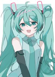 Rule 34 | 1girl, absurdres, aqua background, aqua eyes, aqua hair, aqua necktie, aqua theme, blush, border, breasts, collared shirt, commentary, detached sleeves, grey shirt, hair between eyes, hatsune miku, hatsune miku (vocaloid4), highres, long hair, necktie, open mouth, outside border, shirt, sleeveless, sleeveless shirt, small breasts, smile, solo, symbol-only commentary, twintails, upper body, v4x, very long hair, vocaloid, white border, yukia 1128