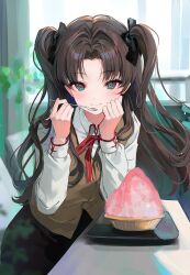 Rule 34 | 1girl, black skirt, bowl, brown hair, c0m3 as y0u ar3, cardigan vest, closed mouth, collared shirt, fate/stay night, fate (series), food, green eyes, hair ribbon, hands up, highres, holding, holding spoon, homurahara academy school uniform, indoors, long hair, long sleeves, looking at viewer, neck ribbon, red ribbon, ribbon, school uniform, shaved ice, shirt, sitting, skirt, smile, solo, spoon, table, tohsaka rin, tray, two side up, white shirt
