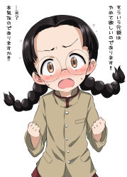 Rule 34 | 10s, 1girl, black hair, blush, braid, brown eyes, forehead, fukuda haru, girls und panzer, glasses, highres, long hair, long sleeves, low twintails, miyao ryuu, open mouth, solo, translation request, twin braids, twintails, uniform, white background