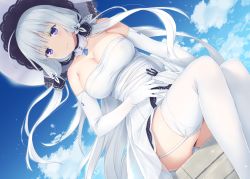 Rule 34 | 1girl, azur lane, blue eyes, blue gemstone, blue sky, breasts, cleavage, cloud, cloudy sky, day, detached sleeves, dress, elbow gloves, from below, garter straps, gem, gloves, hat, illustrious (azur lane), kirisawa shinji, lace-trimmed headwear, lace trim, large breasts, long hair, looking at viewer, mole, mole under eye, sitting, sky, smile, solo, strapless, strapless dress, sun hat, thighhighs, tri tails, very long hair, white dress, white garter straps, white gloves, white hair, white hat, white thighhighs