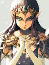 Rule 34 | 1girl, armor, artist name, brown hair, dress, elbow gloves, ellanotte, expressionless, gloves, green eyes, highres, long hair, looking at viewer, nintendo, own hands together, pointy ears, portrait, princess, princess zelda, shoulder armor, signature, solo, the legend of zelda, the legend of zelda: twilight princess, tiara, white gloves
