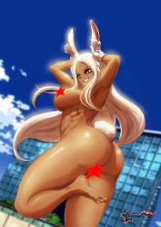 Rule 34 | 1girl, abs, absurdres, armpits, arms up, artist name, ass, awesomeerix, boku no hero academia, breasts, building, censored, cloud, completely nude, dark-skinned female, dark skin, day, feet, female focus, highres, large breasts, long hair, looking at viewer, mirko, muscular, muscular female, nude, obliques, outdoors, rabbit ears, rabbit girl, rabbit pose, rabbit tail, red eyes, sideboob, sky, smile, soles, solo, standing, standing on one leg, star censor, very long hair, watermark, white hair