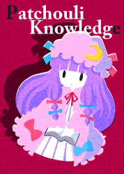 Rule 34 | 1girl, bow, character name, crescent hat ornament, female focus, hat, hat ornament, karaagetarou, long hair, patchouli knowledge, photoshop (medium), pink bow, purple hair, solo, touhou