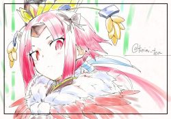 Rule 34 | 1girl, bamboo, benienma (fate), benienma (third ascension) (fate), bow, commentary request, fate/grand order, fate (series), feather trim, hair bow, hair ornament, hat, looking at viewer, low ponytail, parted bangs, pink hair, red eyes, sidelocks, sketch, solo, torichamaru, translation request, twitter username, upper body