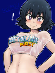 Rule 34 | !, 00s, 1girl, aoi chiharu, awa, beyblade, beyblade: burst, black hair, blue background, blush, body writing, clothes writing, copyright name, crop top, hands on own hips, looking at viewer, mature female, outline, purple eyes, shirt, short hair, simple background, smile, solo, taut clothes, taut crop top, taut shirt, upper body
