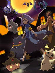 Rule 34 | 1girl, acerola (pokemon), armlet, banette, blue dress, blurry, building, chandelure, closed mouth, commentary request, creatures (company), dress, duskull, flip-flops, flipped hair, game freak, gen 1 pokemon, gen 3 pokemon, gen 5 pokemon, gen 6 pokemon, gen 7 pokemon, golbat, gourgeist, hair ornament, hairclip, highres, looking back, medium hair, mimikyu, moon, multicolored clothes, multicolored dress, night, nintendo, osugyino (giura2447), outdoors, pokemon, pokemon (creature), pokemon sm, pumpkaboo, purple hair, sandals, short sleeves, sky, smile, standing, topknot, torn clothes, torn dress, window, zubat