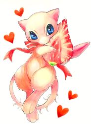 Rule 34 | animal focus, back bow, blue eyes, blush, bow, creatures (company), food, fruit, full body, game freak, gen 1 pokemon, heart, heart background, highres, holding, holding food, legendary pokemon, light blush, looking at viewer, marker (medium), mew (pokemon), mofuo, mythical pokemon, nintendo, no humans, oversized food, oversized object, pokemon, pokemon (creature), red bow, simple background, solo, strawberry, striped, striped bow, traditional media, white background