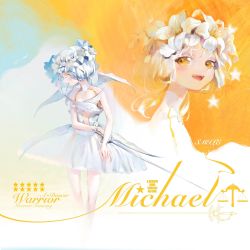 Rule 34 | 1girl, angel, angel wings, balance scale, bare shoulders, blush, cropped legs, detached collar, dress, english text, feathered wings, flower, flower wreath, head wreath, highres, holding, holding sword, holding weapon, kaede (shijie heping), lily (flower), low twintails, medium hair, multiple views, multiple wings, open mouth, orange eyes, original, parted lips, profile, seraph, smile, star (symbol), sword, twintails, weapon, weighing scale, white dress, white hair, wings