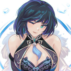 Rule 34 | 1girl, ;), bare shoulders, blue hair, breasts, brooch, cleavage, commentary, dice, elbow gloves, genshin impact, gloves, green eyes, head tilt, jewelry, kaizeru, large breasts, looking at viewer, mole, mole on breast, one eye closed, parted lips, short hair, single glove, sleeveless, smile, solo, upper body, white background, yelan (genshin impact)