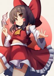Rule 34 | 1girl, absurdres, ascot, bandages, between fingers, blouse, bow, brown hair, commentary, frilled skirt, frills, hair between eyes, hair tubes, hakurei reimu, highres, holding, looking at viewer, midriff, navel, parted lips, rafa (rafua kz), red bow, red eyes, red shirt, red skirt, red sun, shirt, skirt, solo, thighs, touhou, yellow ascot