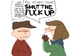 1boy 1girl blue_scarf brown_gloves brown_hair charles_schulz_(style) charlie_brown chronocrump deerstalker english_text freckles gloves green_jacket hat highres jacket medium_hair open_mouth peanuts_(comic) peppermint_patty profanity red_jacket scarf simple_background speech_bubble white_background