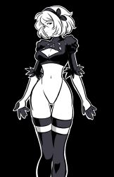 Rule 34 | 1girl, 2b (nier:automata), :|, breasts, cleavage, cleavage cutout, closed mouth, clothing cutout, commentary, covered navel, cropped shirt, english commentary, expressionless, feet out of frame, gloves, greyscale, hairband, half gloves, highleg, highleg leotard, highres, johncaden, juliet sleeves, large breasts, legs together, leotard, long sleeves, looking at viewer, mole, mole under mouth, monochrome, nier:automata, nier (series), outline, profile, puffy sleeves, short hair, sidelocks, sideways glance, solo, thigh gap, thighhighs