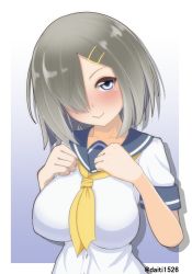 Rule 34 | 1girl, blue eyes, breasts, commentary request, daichi (daiti1318), gradient background, grey sailor collar, hair ornament, hair over one eye, hairclip, hamakaze (kancolle), highres, kantai collection, large breasts, neckerchief, one-hour drawing challenge, sailor collar, school uniform, serafuku, short hair, silver hair, smile, solo, twitter username, white background, yellow neckerchief