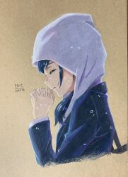 Rule 34 | 1girl, 2020, absurdres, amano hina (tenki no ko), artist name, blue hair, blue jacket, closed eyes, colored pencil (medium), commentary, commentary request, cropped torso, dated, english commentary, from side, highres, hood, hood up, hooded sweater, jacket, korean commentary, long hair, long sleeves, making-of available, mixed-language commentary, own hands clasped, own hands together, p.art, profile, signature, solo, sweater, tenki no ko, traditional media, upper body, white sweater