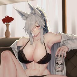 Rule 34 | 1girl, abs, absurdres, animal ear fluff, animal ears, asahi breweries, bare shoulders, black bra, black panties, bra, breasts, can, cleavage, collarbone, couch, deroo, discordia (vtuber), eyelashes, floral print, flower, fox ears, fox girl, grey hair, hair over one eye, highres, holding, holding can, indie virtual youtuber, long hair, navel, on couch, open clothes, open shirt, panties, ponytail, red eyes, red flower, red rose, rose, rose print, second-party source, solo, underwear, vase, virtual youtuber