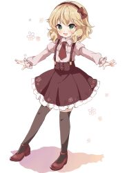 Rule 34 | 1girl, black thighhighs, blonde hair, blush, bow, brown hairband, brown necktie, brown ribbon, brown skirt, commentary request, dot nose, flat chest, floral background, frilled shirt, frilled skirt, frills, full body, green eyes, hair bow, hair ribbon, hairband, highres, idolmaster, idolmaster cinderella girls, idolmaster cinderella girls starlight stage, long sleeves, looking at viewer, necktie, open hands, open mouth, outstretched arms, pink shirt, red footwear, remiri nicoeli, ribbon, sakurai momoka, shirt, shoes, short hair, skirt, smile, solo, standing, suspender skirt, suspenders, thighhighs, wavy hair, white background, zettai ryouiki