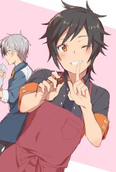 Rule 34 | 2boys, ;), apron, bad id, bad pixiv id, black hair, blue eyes, blush, chagama-chan, chocolate, dutch angle, finger to mouth, grey hair, grin, jude mathis, looking down, ludger will kresnik, male focus, multicolored hair, multiple boys, one eye closed, orange eyes, smile, streaked hair, tales of (series), tales of xillia, tales of xillia 2, valentine
