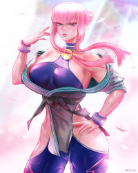Rule 34 | 1girl, blue eyes, breasts, curvy, dougi, hand on own hip, highres, hime cut, hip vent, large breasts, manon legrand, martial arts belt, mcdobo, narrow waist, off shoulder, panty straps, pink hair, sideboob, sidelocks, solo, street fighter, street fighter 6, wide hips, wristband