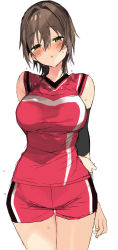 Rule 34 | 1girl, araki kanao, armband, arms behind back, blush, brown hair, green eyes, half-closed eyes, looking at viewer, open mouth, original, short sleeves, shorts, simple background, solo, sportswear, standing, sweat, sweatband, volleyball uniform, white background