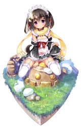 Rule 34 | 1girl, animal ears, bow, brown hair, clip studio paint (medium), collar, cover, cover page, detached sleeves, floral print, flower, golem, grass, highres, lazy dungeon master, maid, maid headdress, niku kuroinu, novel cover, novel illustration, official art, purple eyes, ribbon, scarf, shoes, smile, snow, thighhighs, youta