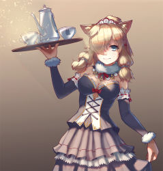 Rule 34 | 10s, 1girl, alpaca ears, alpaca suri (kemono friends), alternate costume, animal ears, bare shoulders, blonde hair, blue eyes, breasts, cleavage, commentary request, cup, detached collar, detached sleeves, enmaided, fur-trimmed sleeves, fur collar, fur trim, hair over one eye, highres, horizontal pupils, kemono friends, looking at viewer, maid, maid headdress, medium breasts, ribbon-trimmed sleeves, ribbon trim, shippuki, solo, teacup, teapot, tray