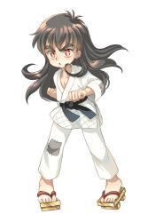 Rule 34 | 1boy, androgynous, black hair, collarbone, dougi, fiery pupils, fighting stance, geta, iroha0168, looking at viewer, male focus, patch, red eyes, simple background, solo, stance, sugita doryouku, thick eyebrows, tottemo! luckyman, trap, white background
