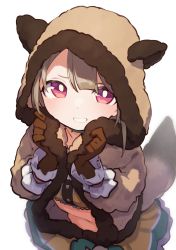 Rule 34 | 1girl, absurdres, animal ears, animal hood, bright pupils, brown gloves, brown hair, brown jacket, choker, commentary, crop top, fake animal ears, from above, fur-trimmed jacket, fur trim, gloves, goe (g-o-e), green choker, green skirt, grin, hair between eyes, hands up, highres, hood, hood up, hooded jacket, jacket, light blush, long sleeves, looking at viewer, looking up, love live!, love live! nijigasaki high school idol club, love live! school idol festival all stars, midriff, miniskirt, multicolored clothes, multicolored skirt, nakasu kasumi, navel, official alternate costume, open clothes, open jacket, red eyes, shirt, short hair, simple background, skirt, sleeve cuffs, smile, solo, standing, stomach, tail, upper body, white background, white pupils, yellow shirt, yellow skirt