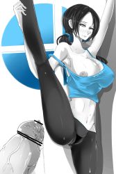Rule 34 | 1girl, bare shoulders, black hair, blush, breast slip, breasts, censored, colored skin, covered erect nipples, flexible, grey eyes, gucchi (n3gt6apf), highres, huge breasts, leg lift, midriff, navel, nintendo, off shoulder, one breast out, panties, penis, ponytail, precum, see-through, solo, spandex, standing, standing on one leg, strap slip, string panties, super smash bros., sweat, tank top, thong, underwear, wedgie, white skin, wii fit, wii fit trainer, wii fit trainer (female)
