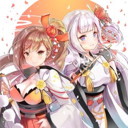 Rule 34 | &gt;:), 2girls, azur lane, black gloves, blue eyes, blunt bangs, blush, breasts, brown eyes, brown hair, cleavage, closed mouth, gloves, holding, holding sword, holding weapon, japanese clothes, katana, kimono, long sleeves, looking at viewer, medium breasts, mole, mole under eye, multiple girls, obi, pleated skirt, red skirt, sash, shoukaku (azur lane), sibyl, skirt, smile, standing, sword, v-shaped eyebrows, weapon, white hair, wide sleeves, zuikaku (azur lane)